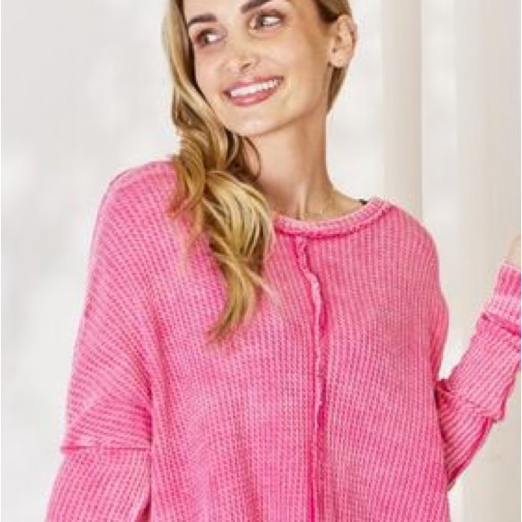 ❤️‍🔥❤️‍🔥Zenana Oversized Washed Waffle Long Sleeve Top Final - Picture 6 of 14